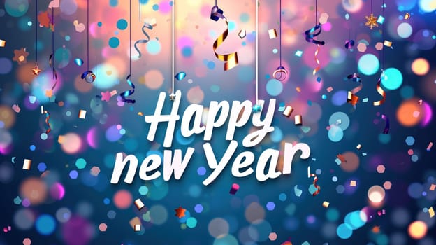 Happy new year with confetti on a colorful blurry background. Generative AI.