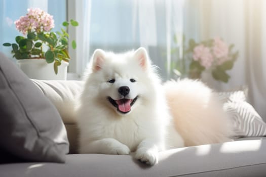 Photo of healthy dog peacefully rest on sofa. Generative AI.