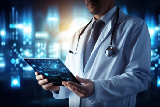 Doctor using digital tablet with health care icons, medical technology background. Generative AI.