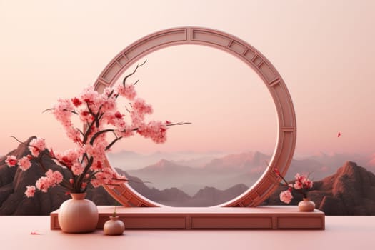 Chinese new year minimal clean spread out arch and podium background. Generative AI.