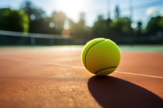 Tennis ball on the court ground. Generative AI.