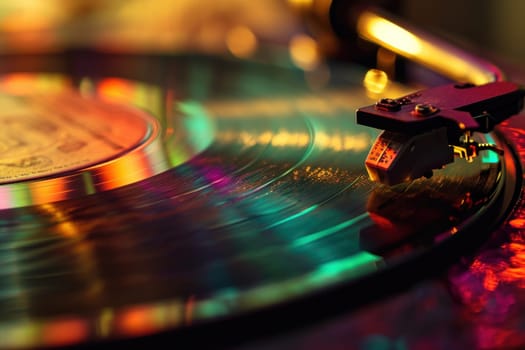 Vinyl records spin and melodious music comes out, creating a romantic atmosphere. Generative AI.