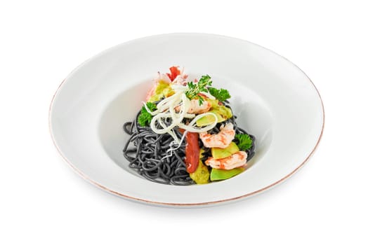 Black Italian seafood pasta with shrimps, cherry tomatoes and greens. Pasta with cuttlefish ink, cooked sea food macaroni.