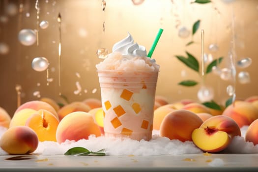 Peach smoothie frappe effect swirling wave Peach milk splash around glass. Generative AI.
