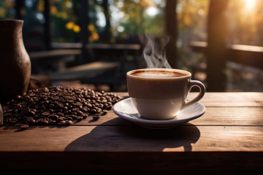 Steaming cup of coffee stands on a wooden counter. Generative AI.