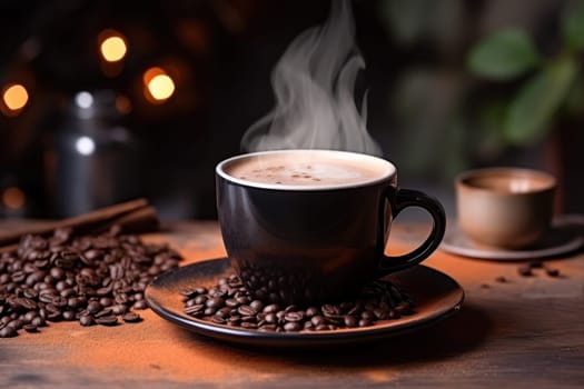 Steaming cup of coffee stands on a wooden counter. Generative AI.