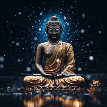 statue of buddha in water drops on dark background. Can used for greeting card, banner of traditional holiday.