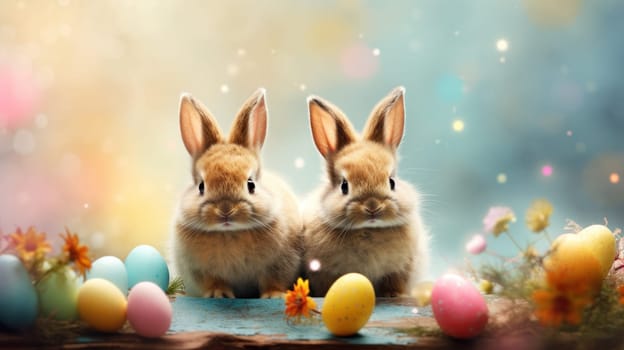 Happy Easter background banner panorama greeting card, colorful rabbits. Generative AI.