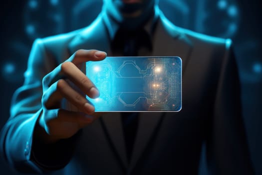 A business man holding a digital business card with smart technology. Generative AI.