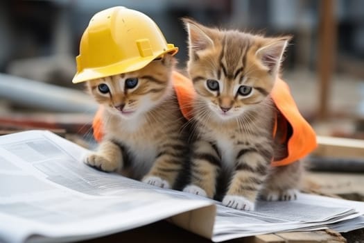 Cats are working in construction site wearing job clothes. Generative AI.