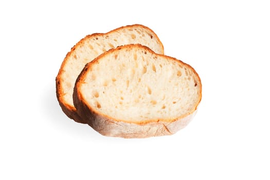 Two pieces of Bread isolated on white background, homemade bakery concept.