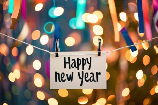Happy new year with confetti on a colorful blurry background. Generative AI.