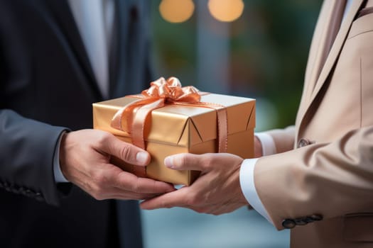 Adult hands giving a Christmas gift and New Year gift to each other. Generative AI.