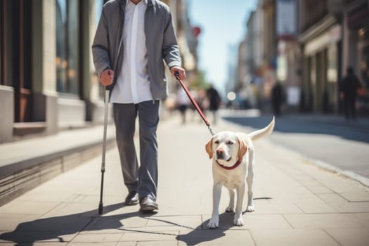 Blind man walking accompanied by his beloved dog. Generative AI.