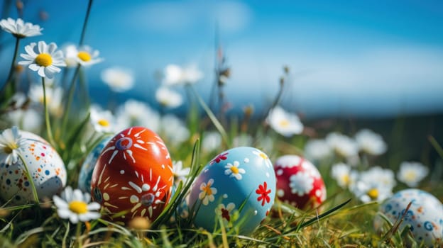Colorful Easter eggs decorated with flowers in the grass on blue sky. Generative AI.