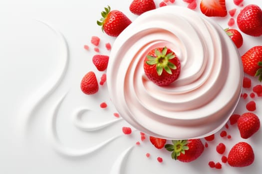 Floating yoghurt swirl with strawberries isolates background. Generative AI.