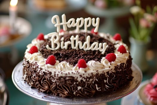 The birthday cake with cream text Happy Birthday on top. Generative AI.