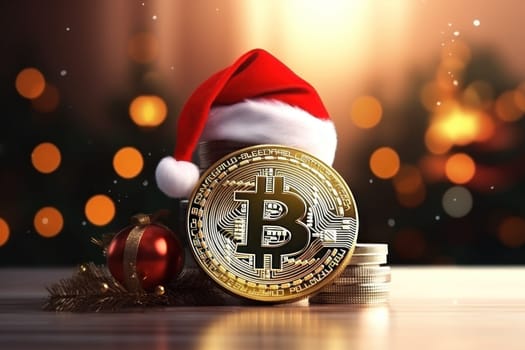 Bitcoin wearing Santa hat Christmas background. Generative AI.