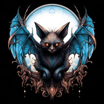 An ominous bat with wings spread. Surrealistic image of a flying vampire monster. Template for poster, t-shirt, sticker, etc.