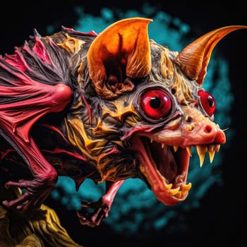 An ominous bat with wings spread. Surrealistic image of a flying vampire monster. Template for poster, t-shirt, sticker, etc.