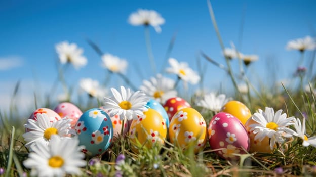 Colorful Easter eggs decorated with flowers in the grass on blue sky. Generative AI.