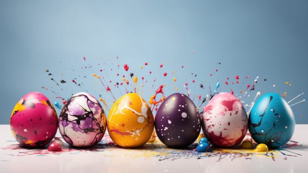 Colorful Easter eggs with paint splatter. Generative AI.