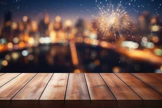Empty wooden table with blurred background with a city with fireworks on New Year. Generative AI.
