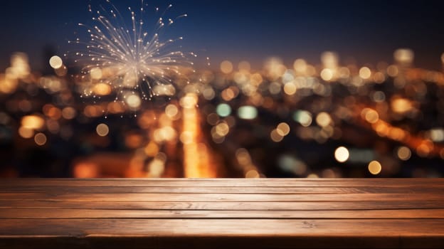 Empty wooden table with blurred background with a city with fireworks on New Year. Generative AI.