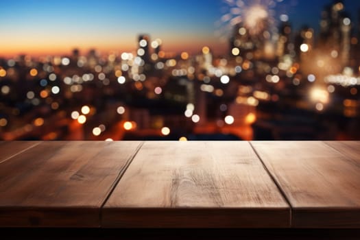 Empty wooden table with blurred background with a city with fireworks on New Year. Generative AI.