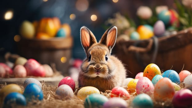 Happy Easter background banner panorama greeting card, colorful rabbits. Generative AI.