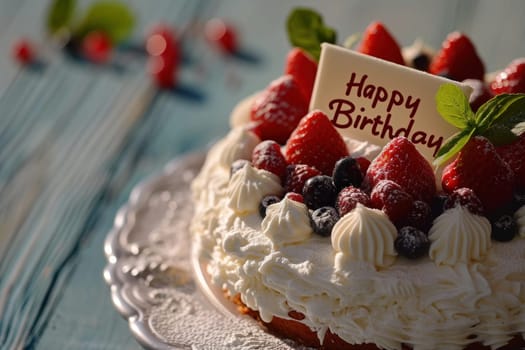 The birthday cake with cream text Happy Birthday on top. Generative AI.