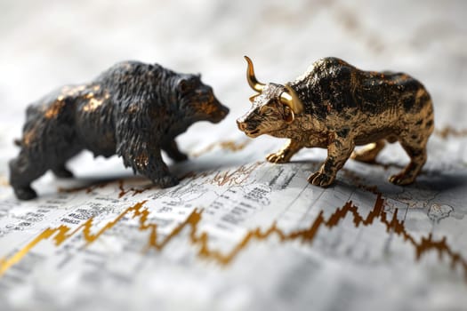 Stock market bull fighting bear top of stock market graph. Generative AI.
