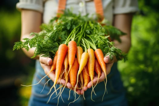 Woman holding carrots harvest on the plant. Generative AI.