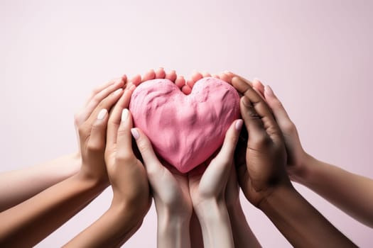 Group of hands holding a pink heart isolated on white background. Generative AI.