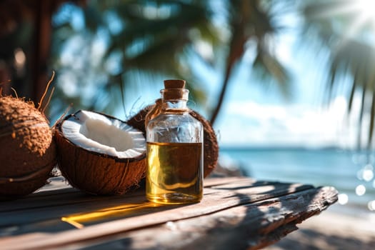 Glass bottle of oil next to coconuts on wooden table top, blurred sunny tropical beach background.