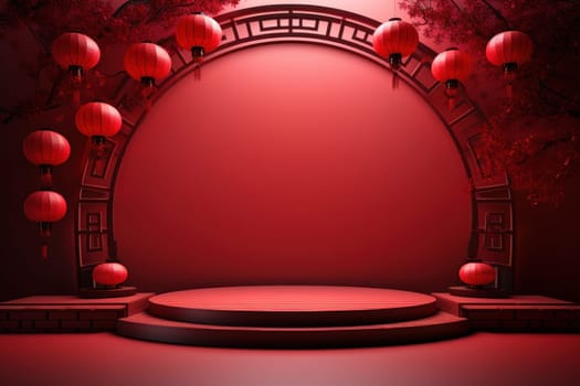 Chinese new year minimal clean spread out arch and podium background. Generative AI.