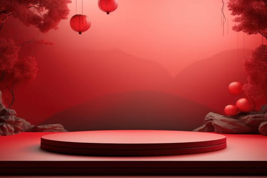 Chinese new year minimal clean spread out arch and podium background. Generative AI.