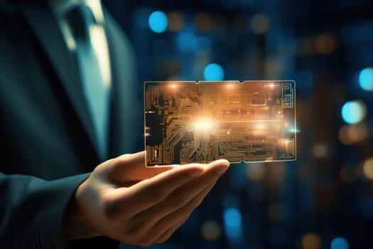 A business man holding a digital business card with smart technology. Generative AI.