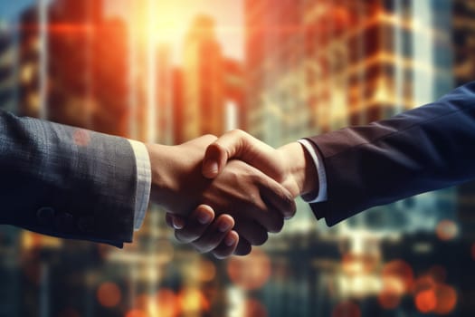 Business men shaking hands in agreement in the city for corporate success .Generative AI.
