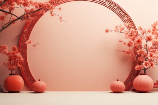 Chinese new year minimal clean spread out arch and podium background. Generative AI.