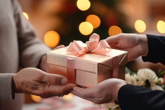 Adult hands giving a Christmas gift and New Year gift to each other. Generative AI.