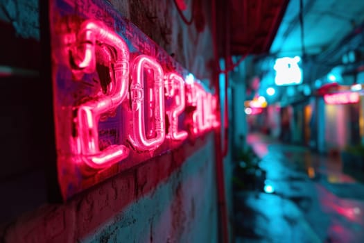 Pink neon light with number 2024 on dark. Generative AI.