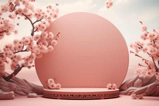 Chinese new year minimal clean spread out arch and podium background. Generative AI.