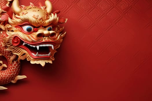 Golden Chinese dragon on red color background. Generative AI.