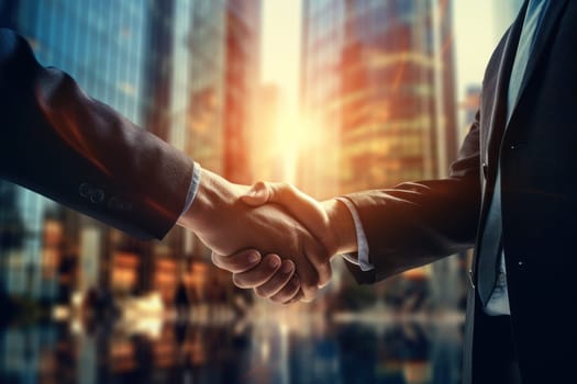 Business men shaking hands in agreement in the city for corporate success .Generative AI.