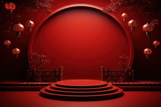 Chinese new year minimal clean spread out arch and podium background. Generative AI.