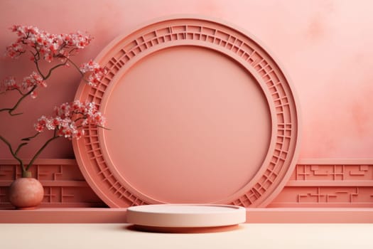 Chinese new year minimal clean spread out arch and podium background. Generative AI.