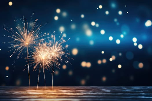 Gold Fireworks and bokeh in New Year eve on dark blue background. Generative AI.