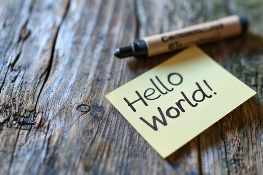 A photo of the text Hello World written with a marker on a sticky note. Generative AI.