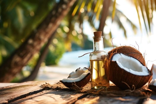Glass bottle of oil next to coconuts on wooden table top, blurred sunny tropical beach background.